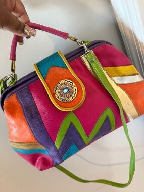 Vintage 80s Colorblock Leather Purse | Bold Retro Patchwork Shoulder Bag | Boho